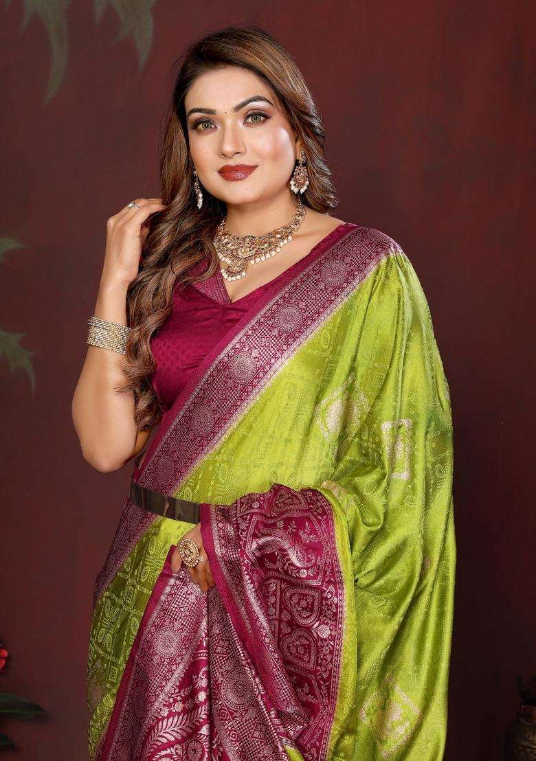 Parrot Green Butta Work Satin Saree Set for Diwali | Wedding & Festive Wear - Indya