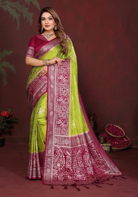 Parrot Green Butta Work Satin Saree Set