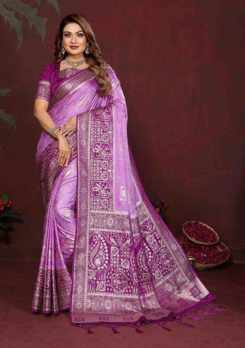 Purple Butta Work Satin Saree Set for Diwali and Festive Wear - Indya