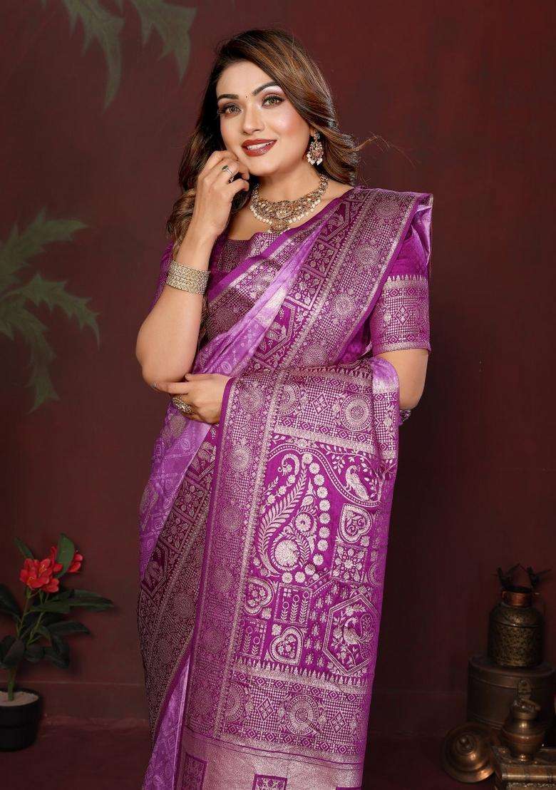 Purple Butta Work Satin Saree Set for Diwali and Festive Wear - Indya