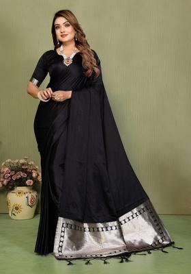 Black Weaving Work Satin Saree Set