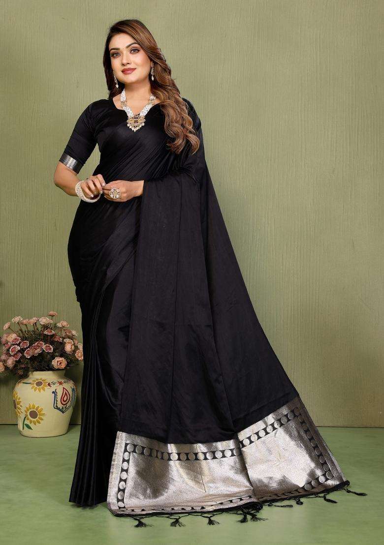 Black Weaving Work Satin Saree Set for Diwali and Festive Wear - Indya