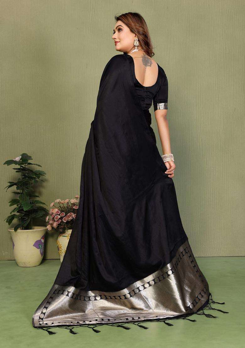 Black Weaving Work Satin Saree Set for Diwali and Festive Wear - Indya
