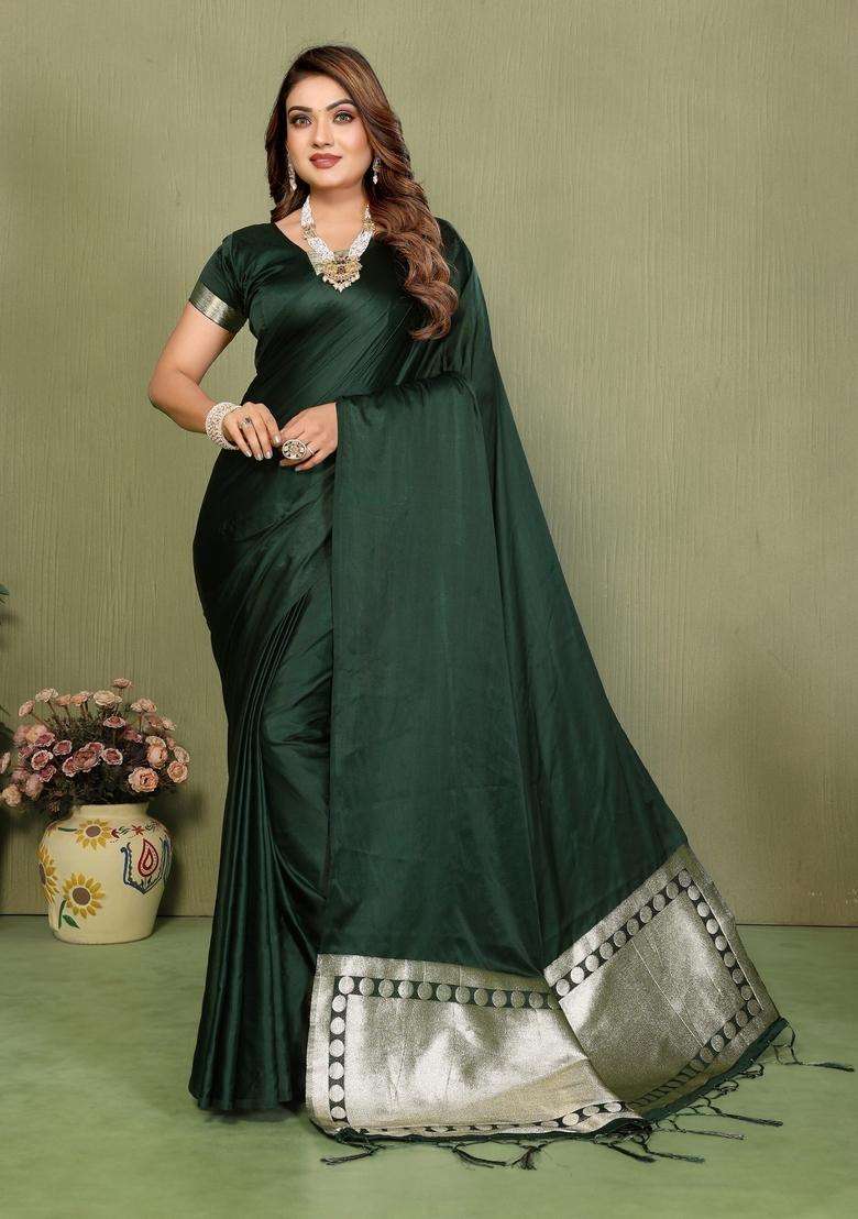 Dark Green Weaving Work Satin Saree Set for Diwali | Wedding & Festive Wear - Indya