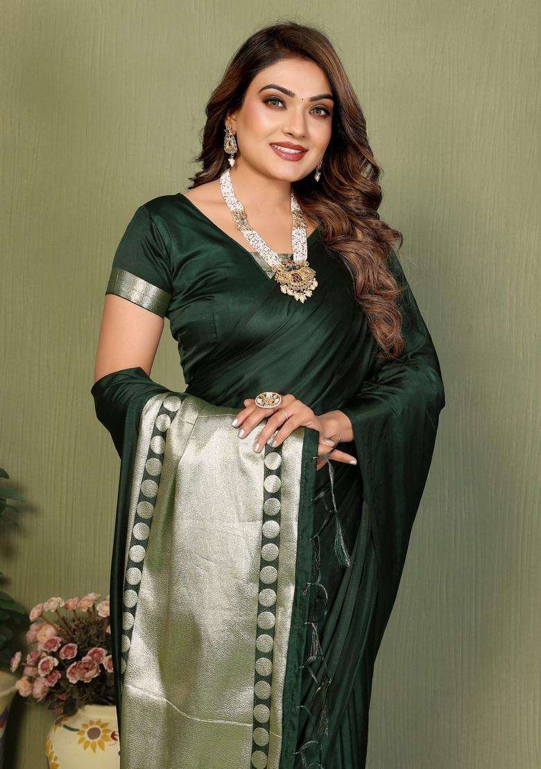 Dark Green Weaving Work Satin Saree Set for Diwali | Wedding & Festive Wear - Indya