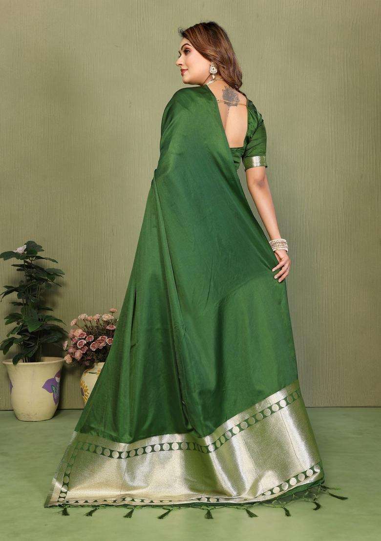 Green Weaving Work Satin Saree Set for Diwali | Wedding & Festive Wear - Indya