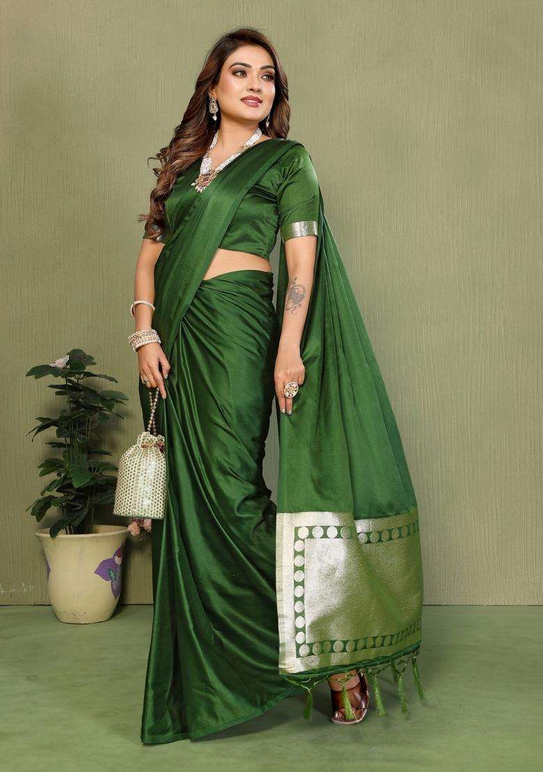 Green Weaving Work Satin Saree Set for Diwali | Wedding & Festive Wear - Indya