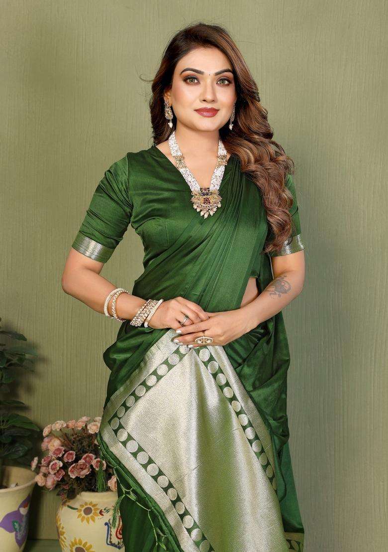Green Weaving Work Satin Saree Set for Diwali | Wedding & Festive Wear - Indya
