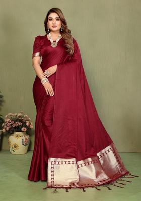 Maroon Weaving Work Satin Saree Set