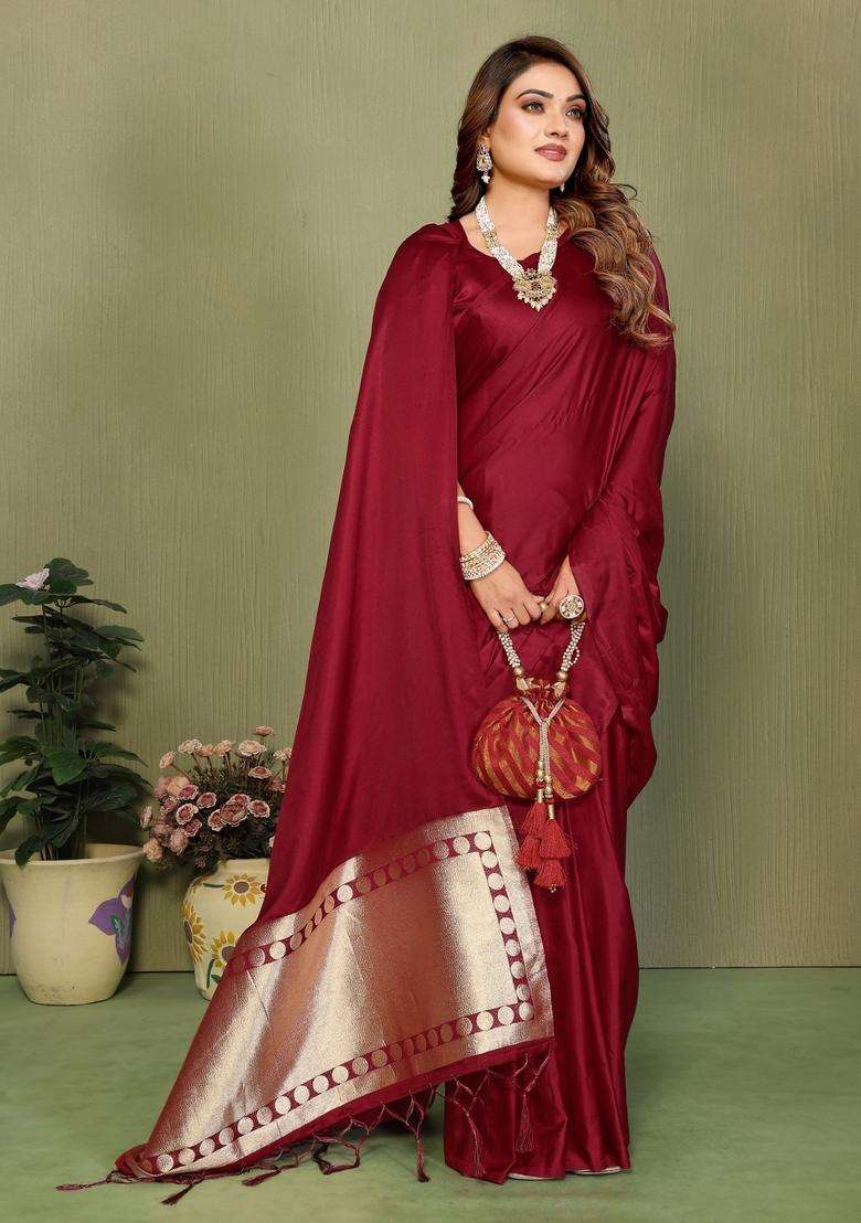 Maroon Weaving Work Satin Saree Set for Diwali | Wedding & Festive Wear - Indya