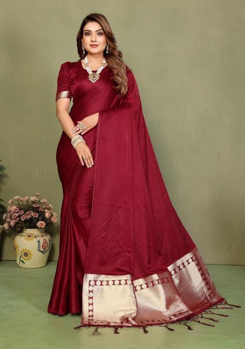 Maroon Weaving Work Satin Saree Set