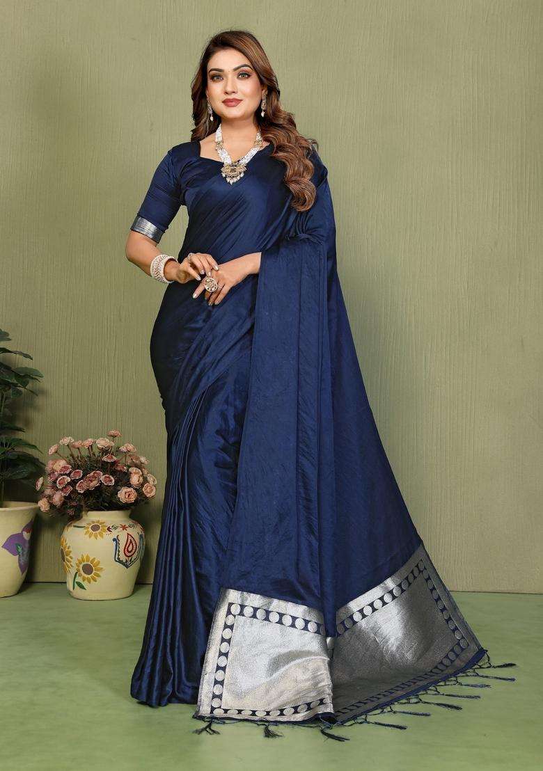 Navy Blue Weaving Work Satin Saree Set for Diwali and Festive Wear - Indya