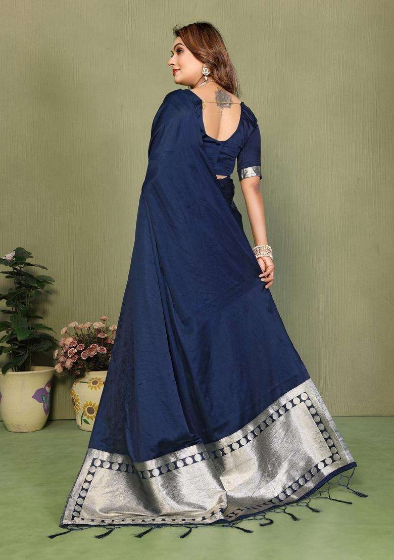 Navy Blue Weaving Work Satin Saree Set for Diwali and Festive Wear - Indya