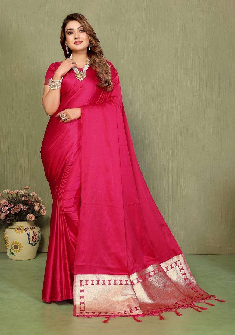 Pink Weaving Work Satin Saree Set for Diwali and Festive Wear - Indya