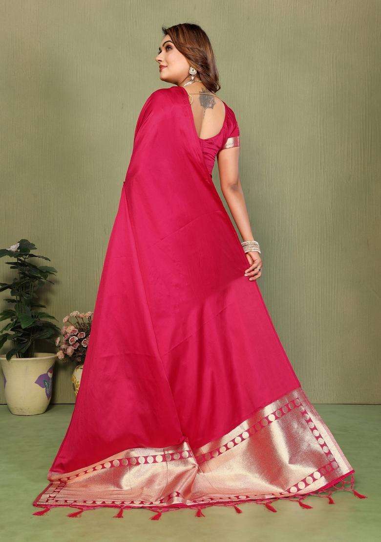 Pink Weaving Work Satin Saree Set for Diwali and Festive Wear - Indya