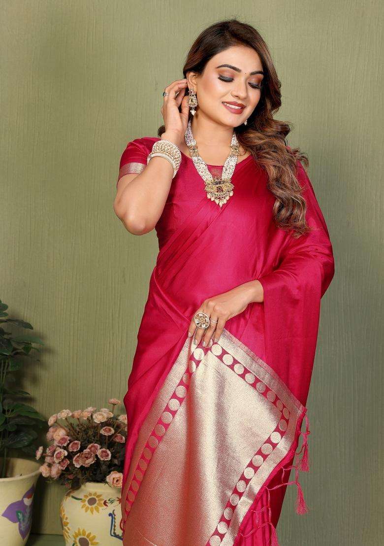 Pink Weaving Work Satin Saree Set for Diwali and Festive Wear - Indya