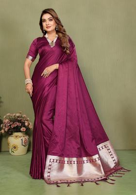 Purple Weaving Work Satin Saree Set