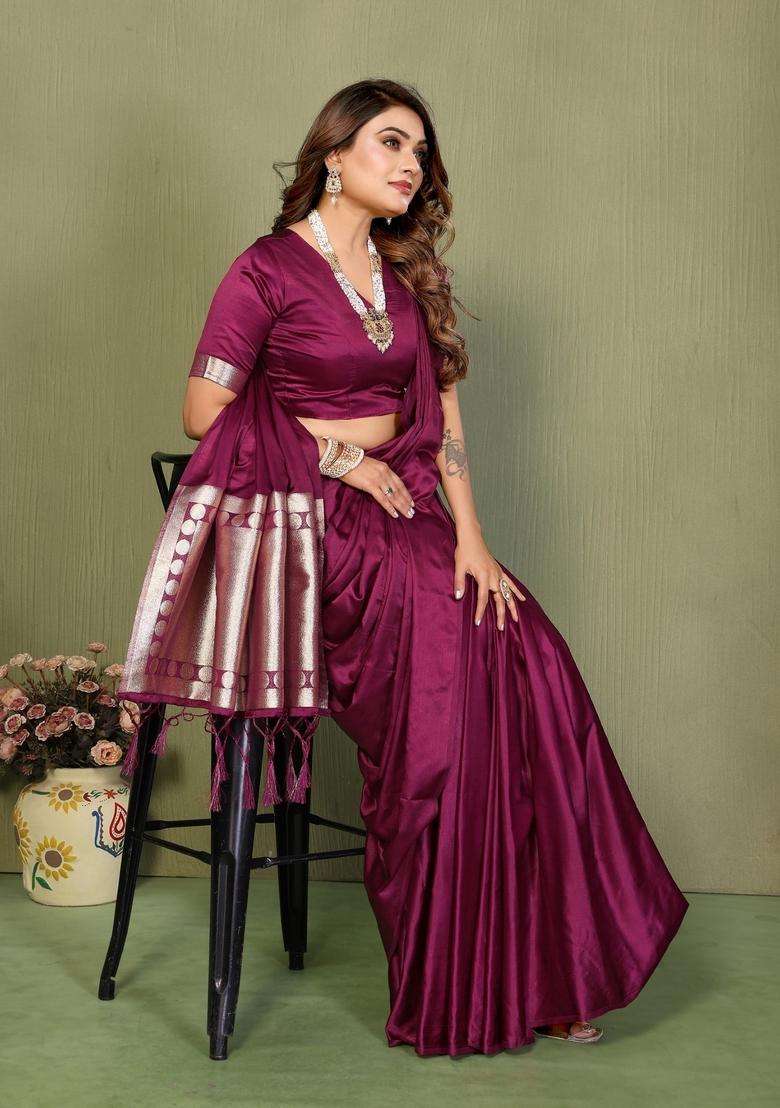 Purple Weaving Work Satin Saree Set for Diwali | Wedding & Festive Wear - Indya