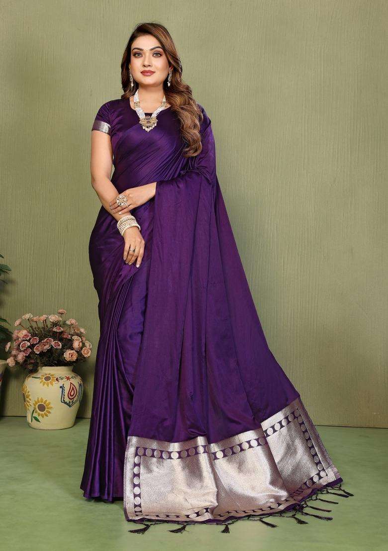 Violet Weaving Work Satin Saree Set for Diwali and Festive Wear - Indya