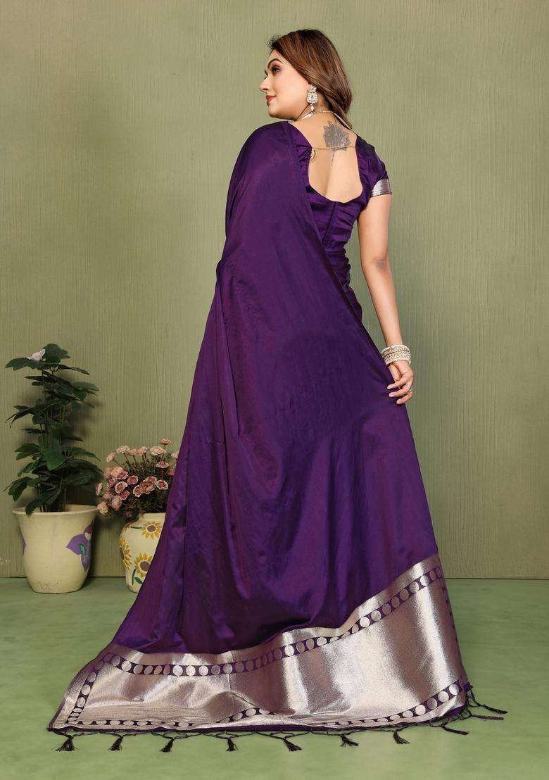 Violet Weaving Work Satin Saree Set for Diwali and Festive Wear - Indya