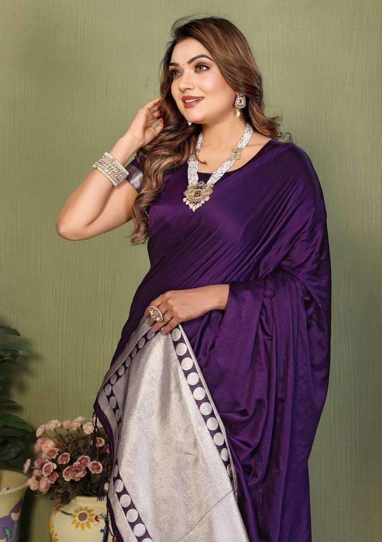 Violet Weaving Work Satin Saree Set for Diwali and Festive Wear - Indya