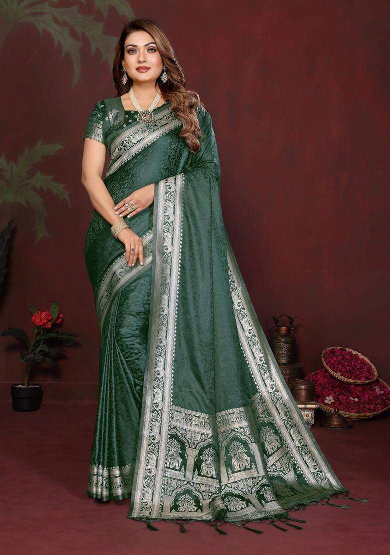 Dark Green Weaving Work Satin Saree Set for Diwali and Festive Wear - Indya