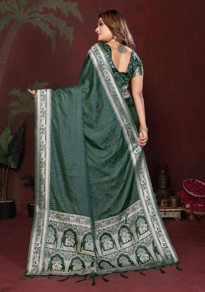 Dark Green Weaving Work Satin Saree Set for Diwali and Festive Wear - Indya