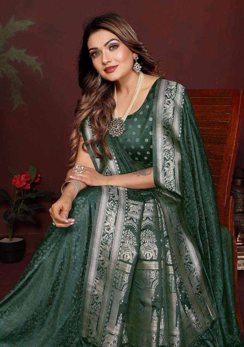 Dark Green Weaving Work Satin Saree Set for Diwali and Festive Wear - Indya