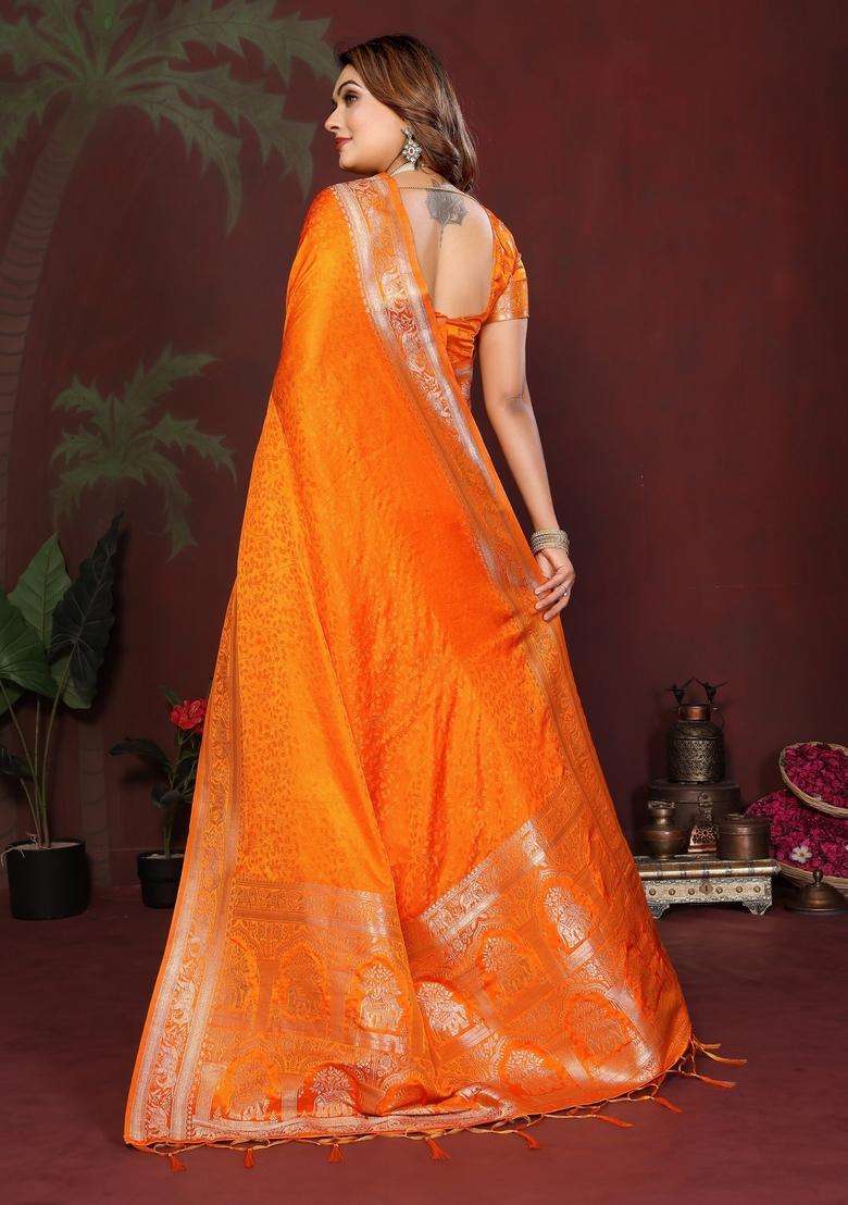 Mustard Weaving Work Satin Saree Set for Diwali | Wedding & Festive Wear - Indya