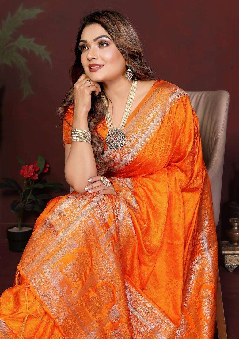 Mustard Weaving Work Satin Saree Set for Diwali | Wedding & Festive Wear - Indya