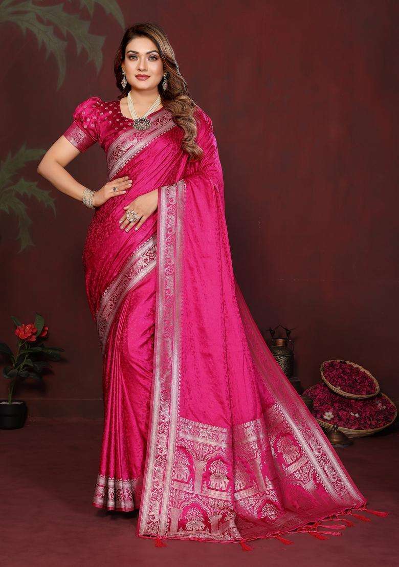 Pink Weaving Work Satin Saree Set for Diwali | Wedding & Festive Wear - Indya