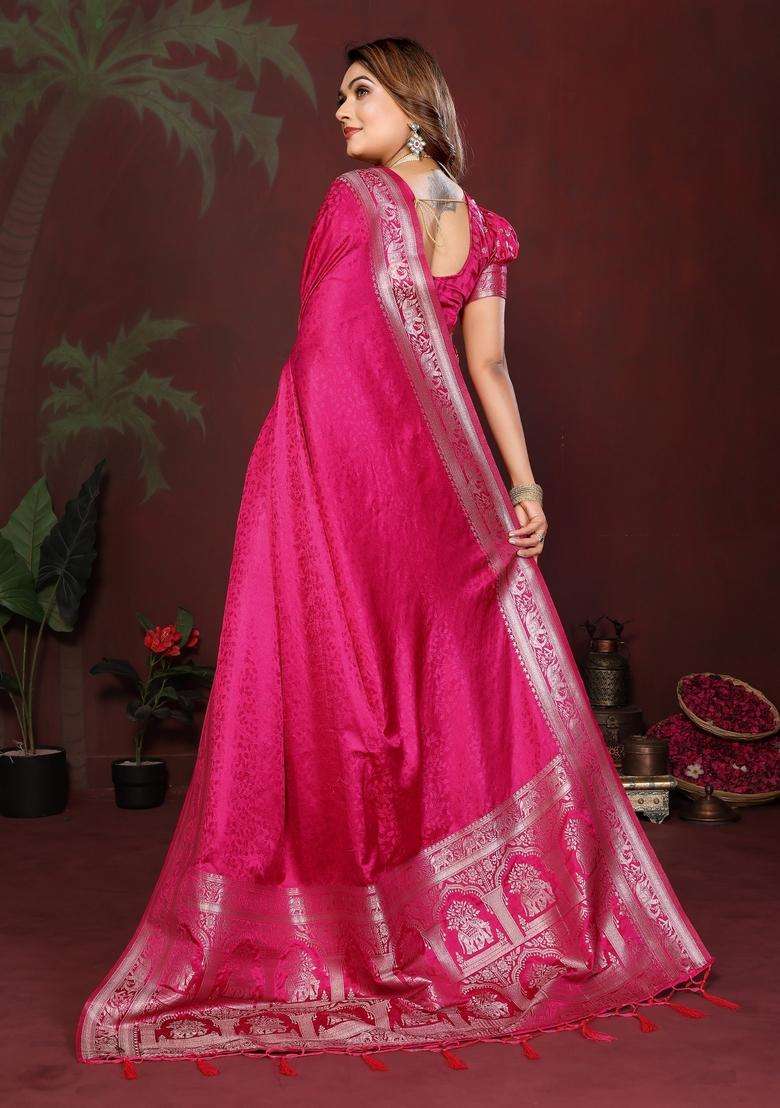Pink Weaving Work Satin Saree Set for Diwali | Wedding & Festive Wear - Indya