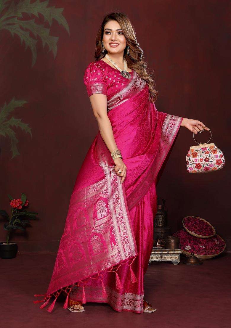 Pink Weaving Work Satin Saree Set for Diwali | Wedding & Festive Wear - Indya