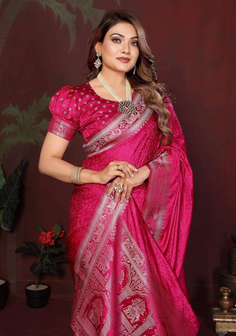 Pink Weaving Work Satin Saree Set for Diwali | Wedding & Festive Wear - Indya