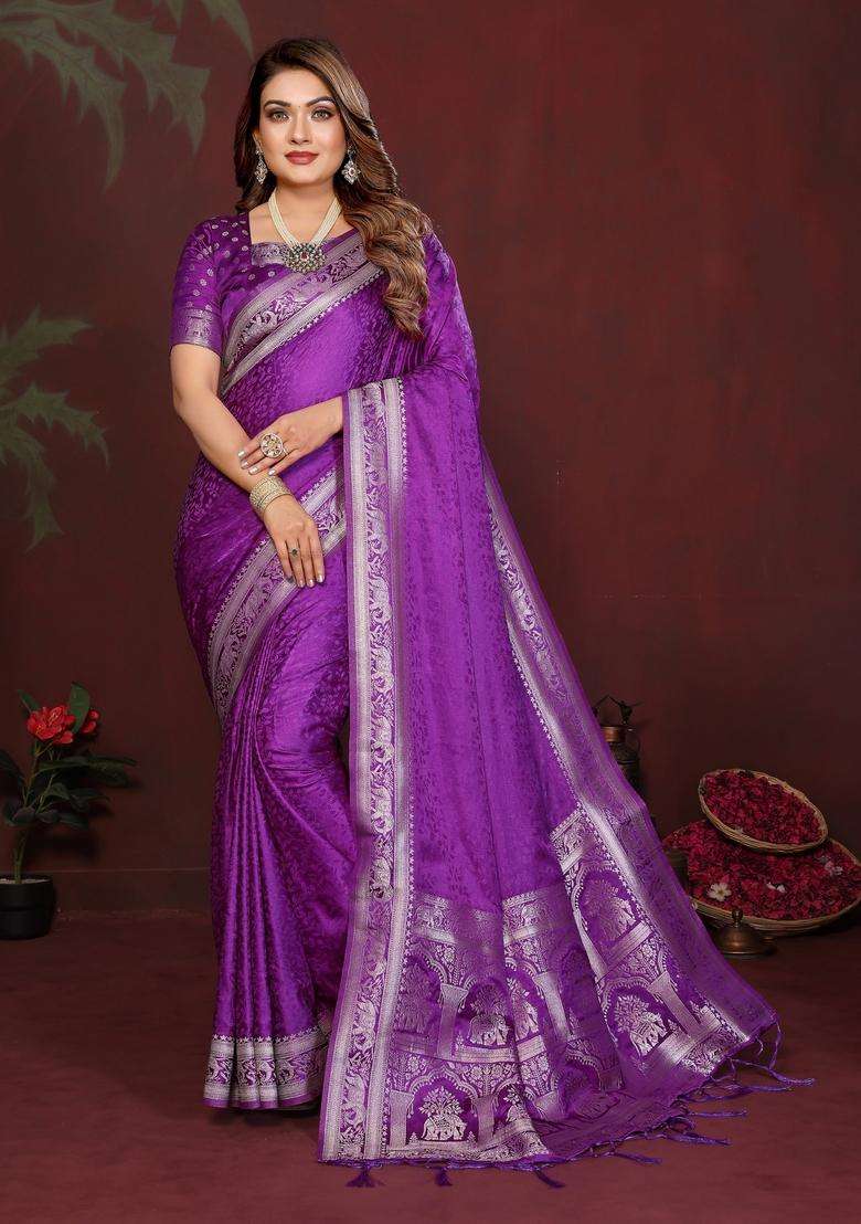 Purple Weaving Work Satin Saree Set for Diwali and Festive Wear - Indya