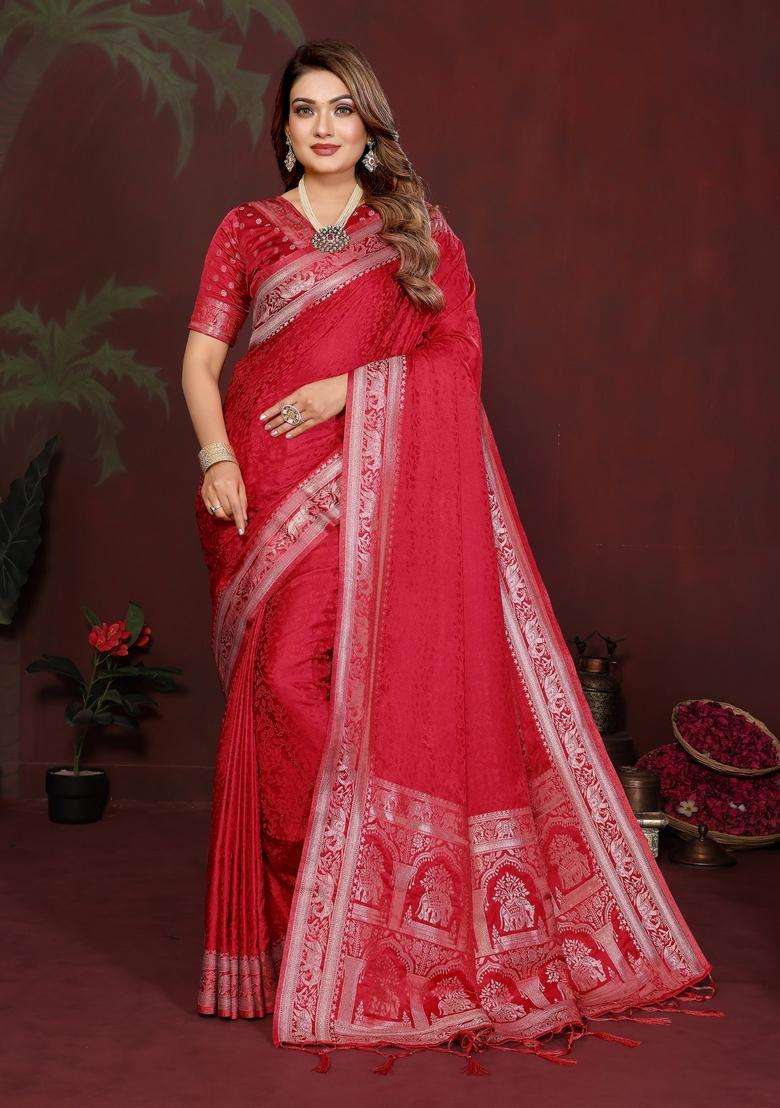 Red Weaving Work Satin Saree Set for Diwali | Wedding & Festive Wear - Indya