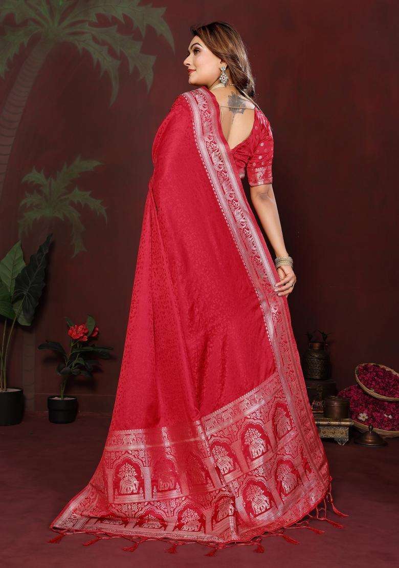 Red Weaving Work Satin Saree Set for Diwali | Wedding & Festive Wear - Indya