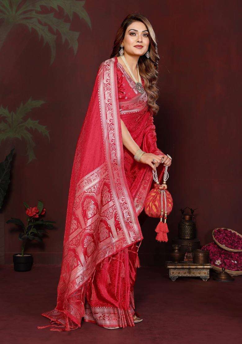 Red Weaving Work Satin Saree Set for Diwali | Wedding & Festive Wear - Indya
