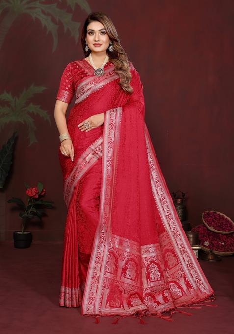 Red Weaving Work Satin Saree Set