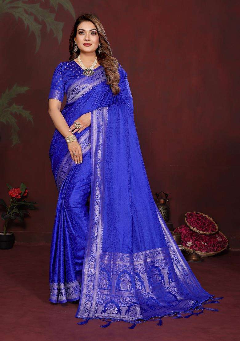 Royal Blue Weaving Work Silk Blend Saree Set for Diwali and Festive Wear - Indya