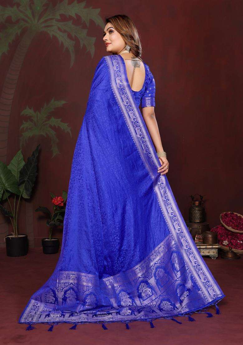Royal Blue Weaving Work Silk Blend Saree Set for Diwali and Festive Wear - Indya