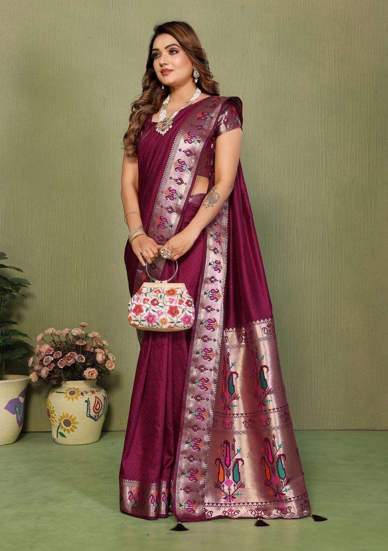 Maroon Gala Silk Blend Silk Blend Saree Set for Diwali and Festive Wear - Indya