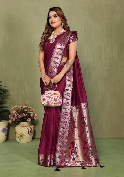 Maroon Gala Silk Silk Saree Set
