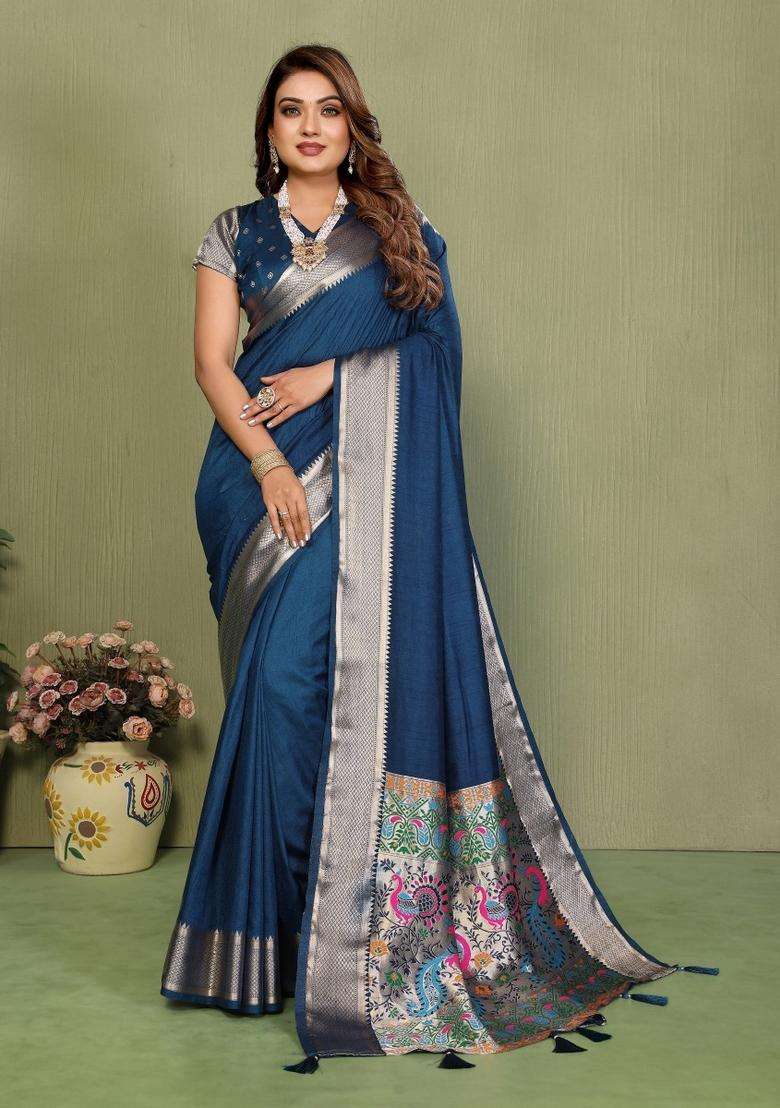 Navy Blue Gala Silk Blend Silk Blend Saree Set for Diwali and Festive Wear - Indya