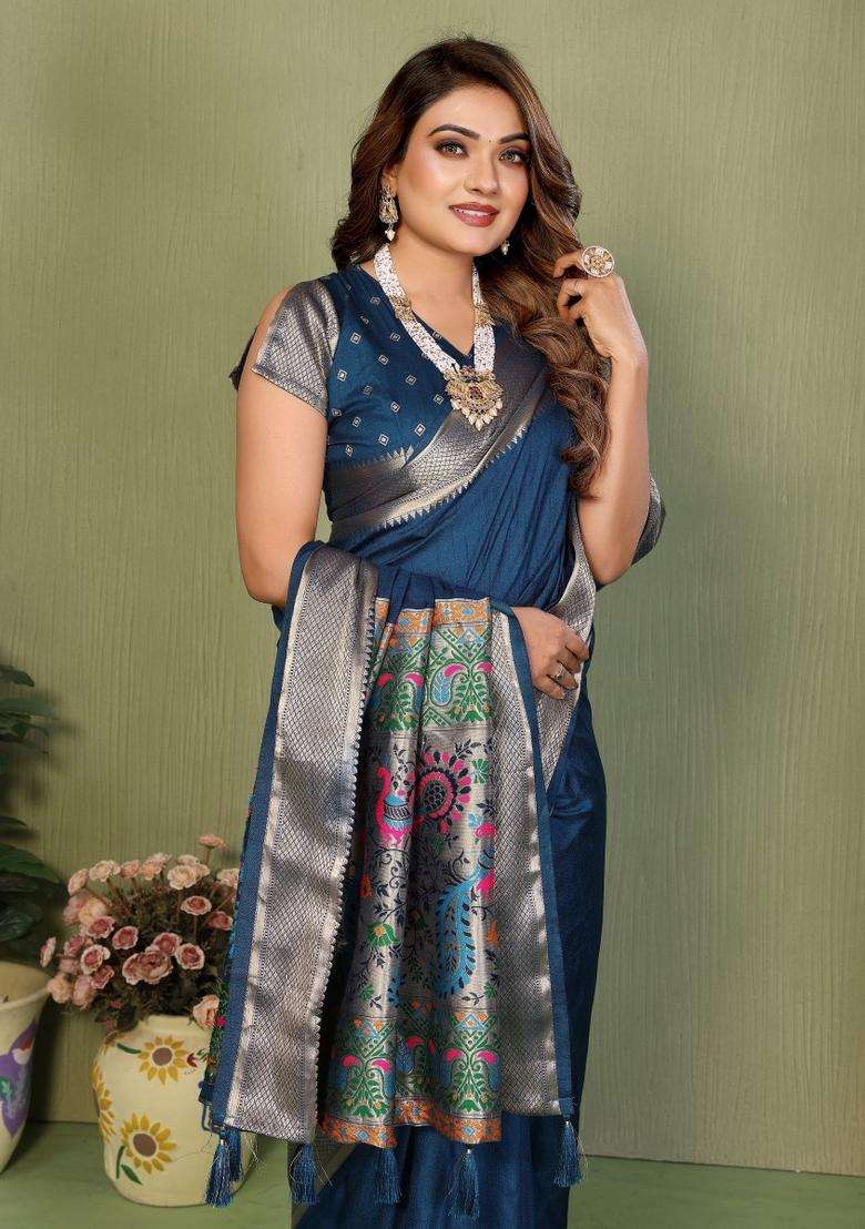 Navy Blue Gala Silk Blend Silk Blend Saree Set for Diwali and Festive Wear - Indya