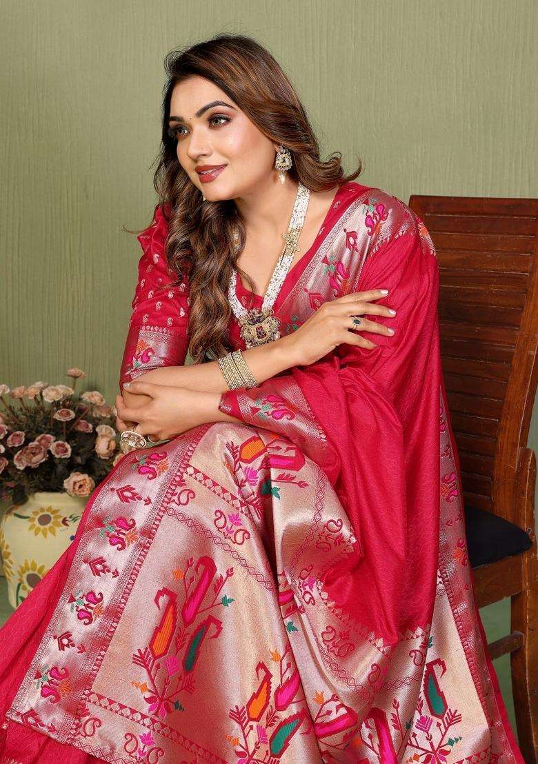 Red Gala Silk Blend Silk Blend Saree Set for Diwali and Festive Wear - Indya