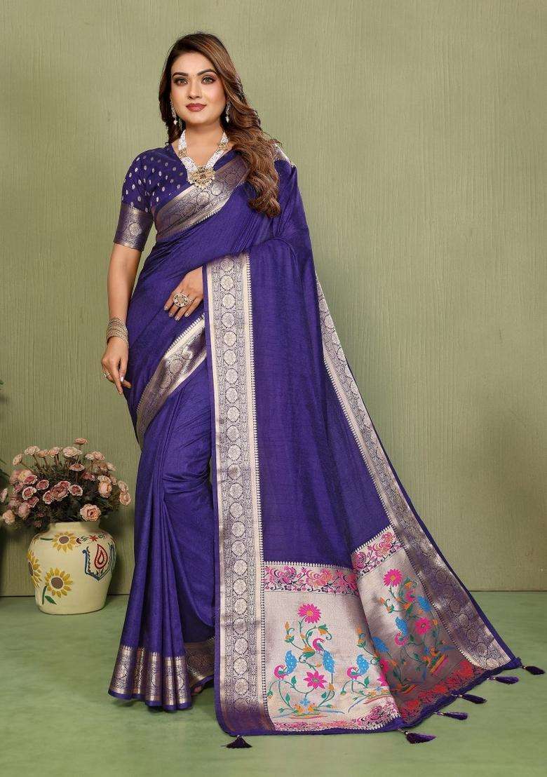 Violet Gala Silk Blend Silk Blend Saree Set for Diwali and Festive Wear - Indya