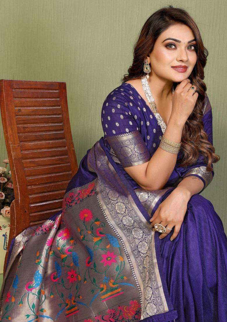 Violet Gala Silk Blend Silk Blend Saree Set for Diwali and Festive Wear - Indya
