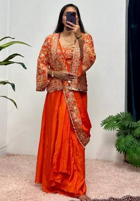 Orange Embroidery Chinon Saree Set