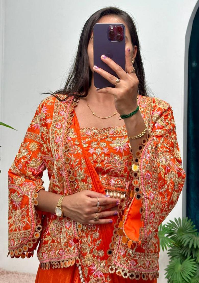 Orange Embroidery Chinon Saree Set - Indya